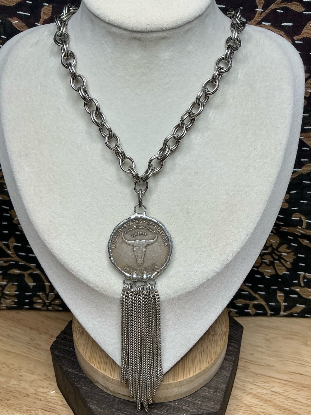 Antique Silver Double Rollo Chain with Longhorn Coin and Silver Fringe